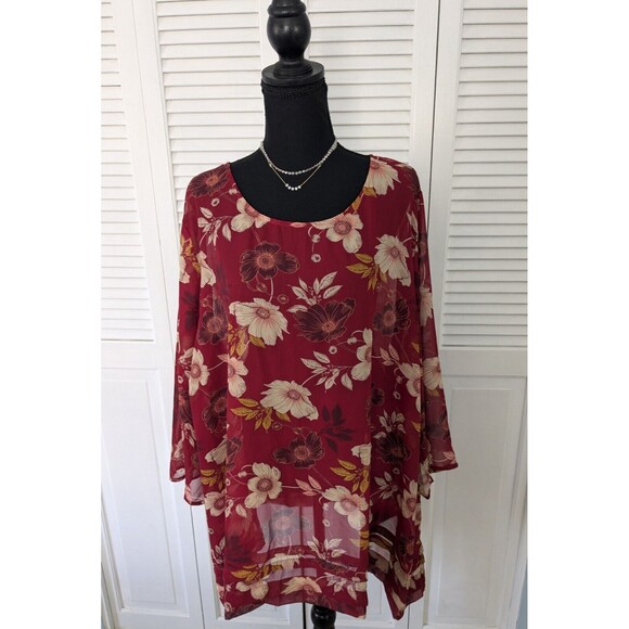 Avenue Studio Top Women Sz 30/32 Floral Short Sleeve Burgundy Chiffon Blouse NEW - Picture 1 of 13